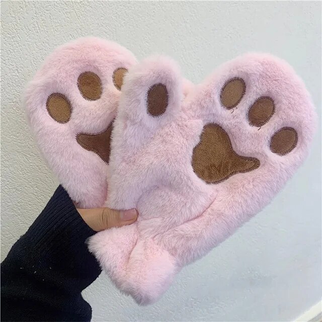 Girls Winter Thick Cat Paw Soft Plush Gloves Cute Warm Hand Glove Women Korean Rabbit Fur Full Finger Casual Riding Mittens