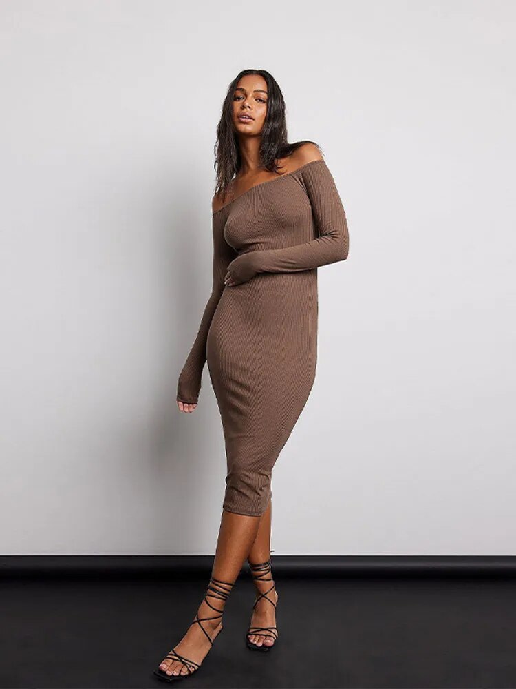 Sexy Slim Off Shoulder Women Knitted Midi Dress Fashion Solid Long Sleeve Bodycon Dresses 2023 Summer Lady Chic Streetwear Robe