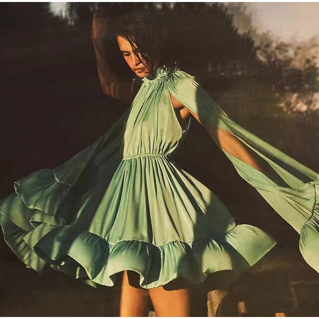 V Neck Lotus Leaf Long Sleeve Mini Dress Women Slim Pleated A Line Dresses Summer Chic Female Standing Collar Shawl vestido