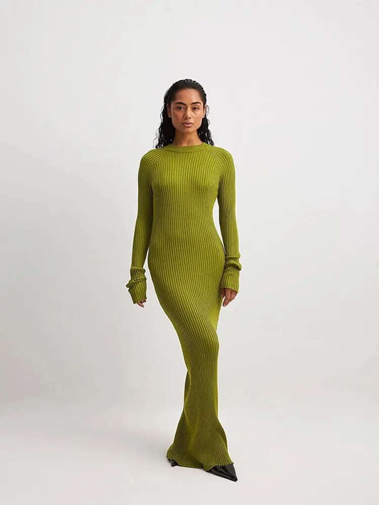 Green Ribbed Women Knitting Maxi Dress Female Elegant O-neck Long Sleeve Bodycon Dresses Autumn Office Lady Commuting Robe