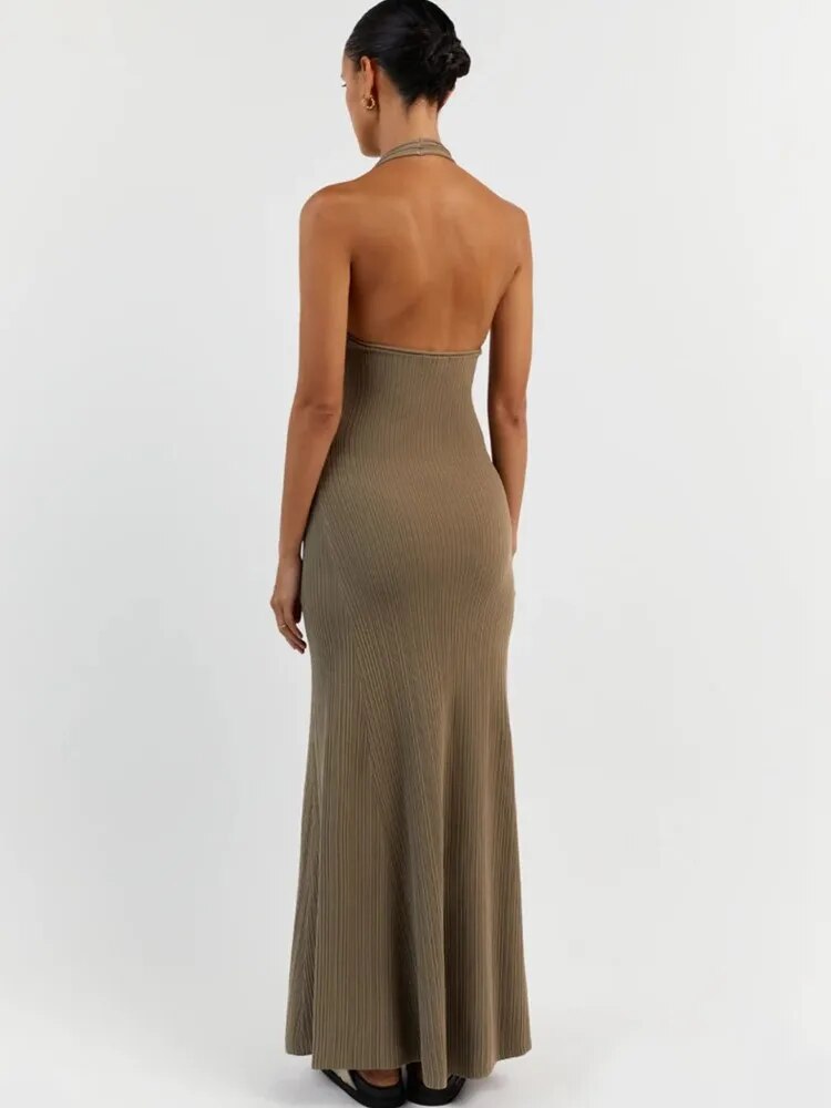 Sexy Solid Backless Women Knitted Halter Midi Dress Elegant U-neck Sleeveless Bodycon Maxi Dress Summer Female Chic Beach Robe