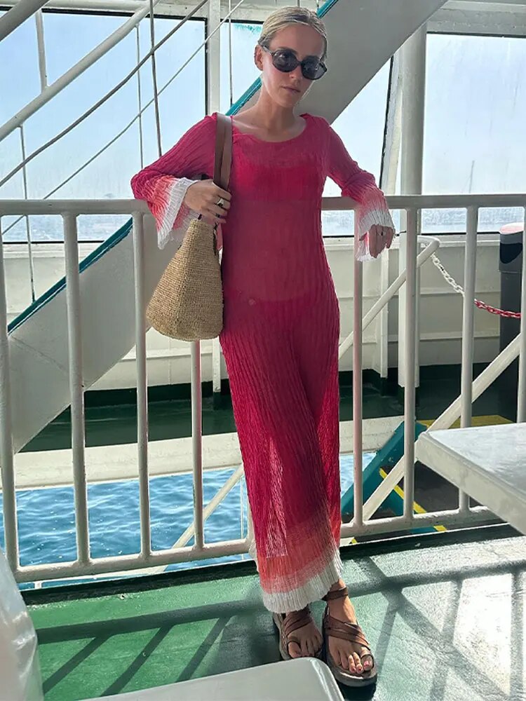 Fashion See Through Flare Long Sleeve Knit Dress Women Slim U-neck Pleated Midi Gradient Dresses Summer Female Beach Robe