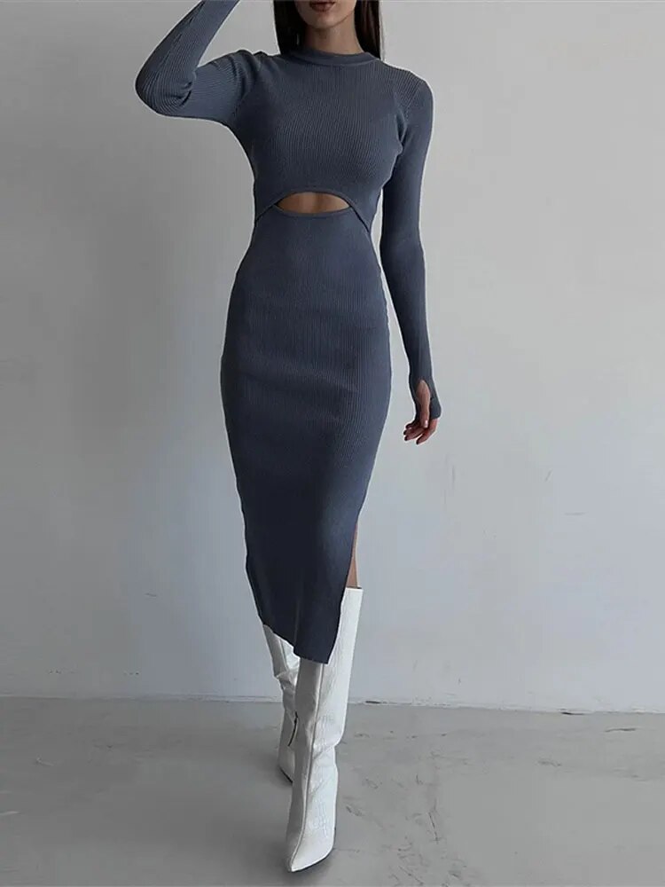 Women Solid Hollow Out Split Knitted Midi Dress Elegant Female O-neck Long Sleeve Bodycon Dresses Summer Lady Streetwear Robe
