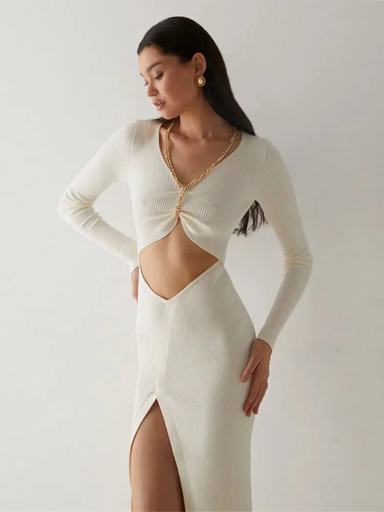 Sexy Hollow Out High Slit Knitted Women Midi Dress Fashion V-neck Long Sleeve Bodycon Dresses Summer Female Chic Streetwear Robe