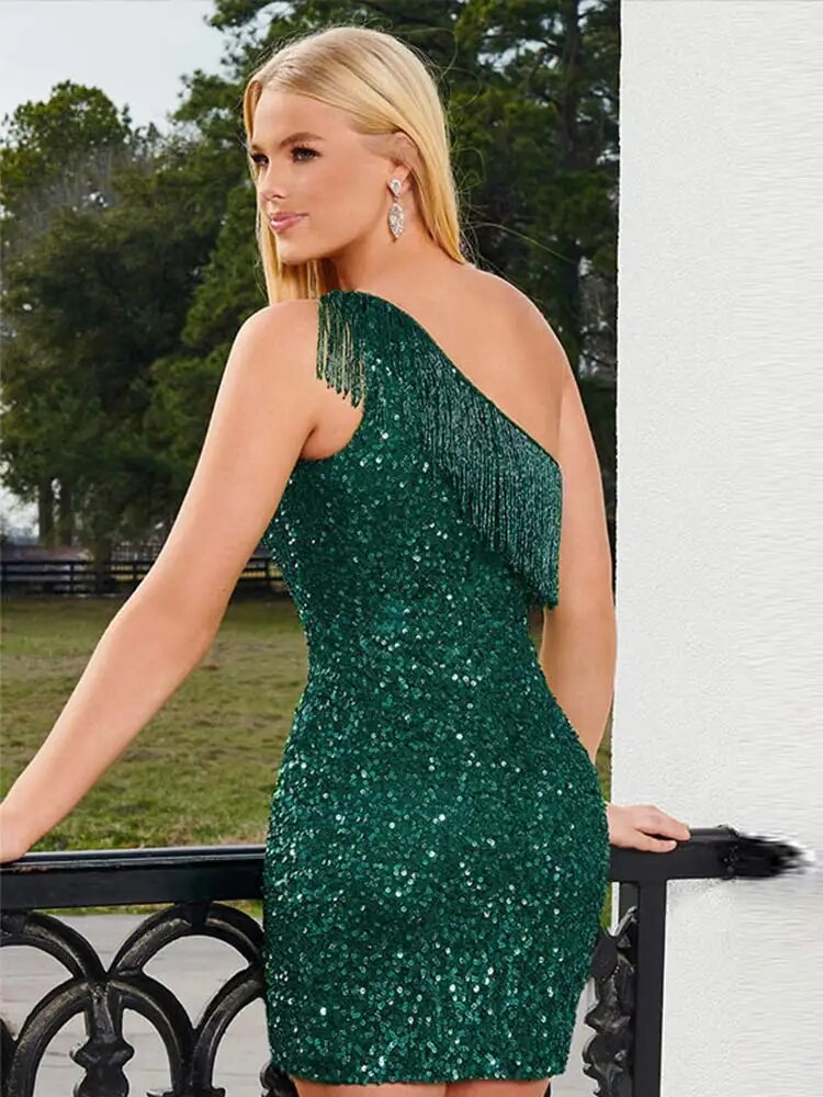 One Shoulder Sequin Tassel Mini Dress Women Fashion High Waist Split Slim Dresses Female Slim Fitting Hip Wrap Skirt