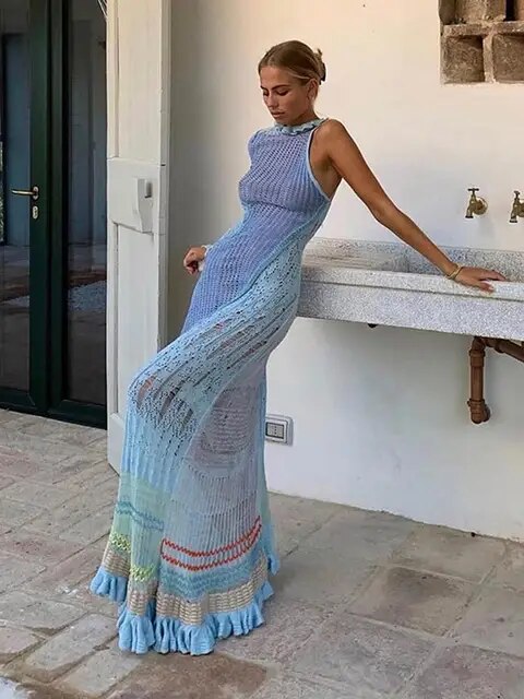 Sexy Asymmetric Gradient Women Knitted Maxi Dress Female Backless Lace Up Dress Summer Lady One Shoulder Long Sleeve Robe