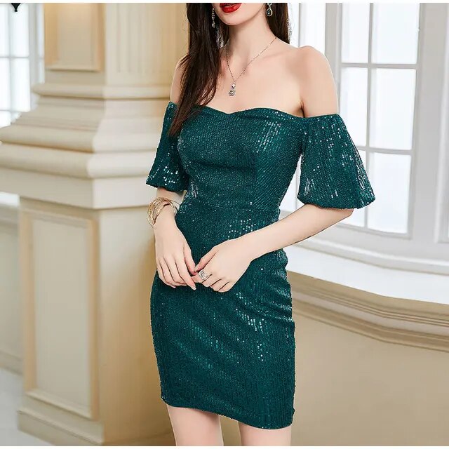 One Shoulder Sequin Wrap Hip Dress Women Solid Backless Short Sleeve Zipper Dresses Summer Elegant Lady Banquet Evening vestido