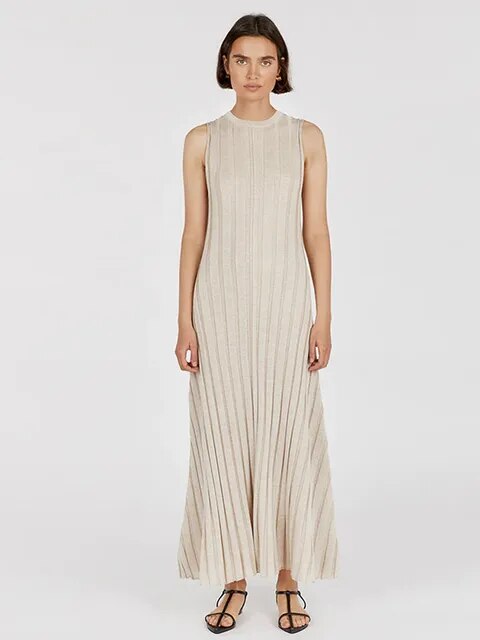 Women Sleeveless Ribbed Knitted Pleated Midi Dress Elegant Slim O-neck A-line Dresses 2023 Summer Lady Beach Party Chic Robe