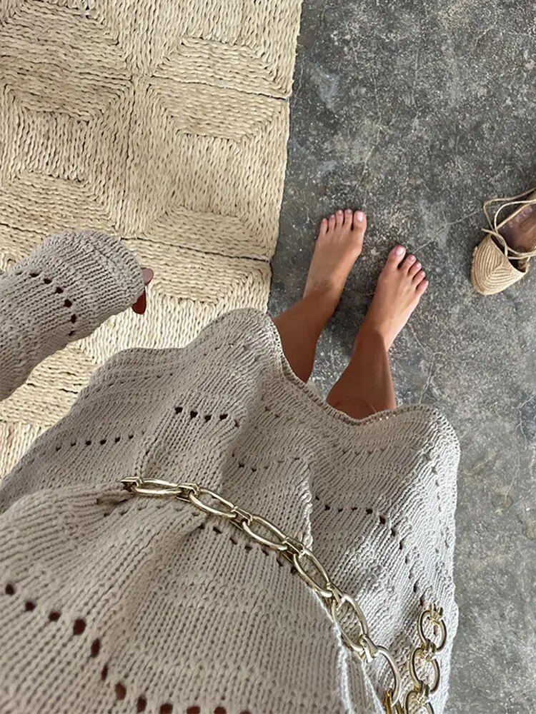 Fashion Hollow Out Knitted Mini Dress For Women Solid O-neck Long Sleeve Loose Dresses Summer Female Chic Beach Party Robe