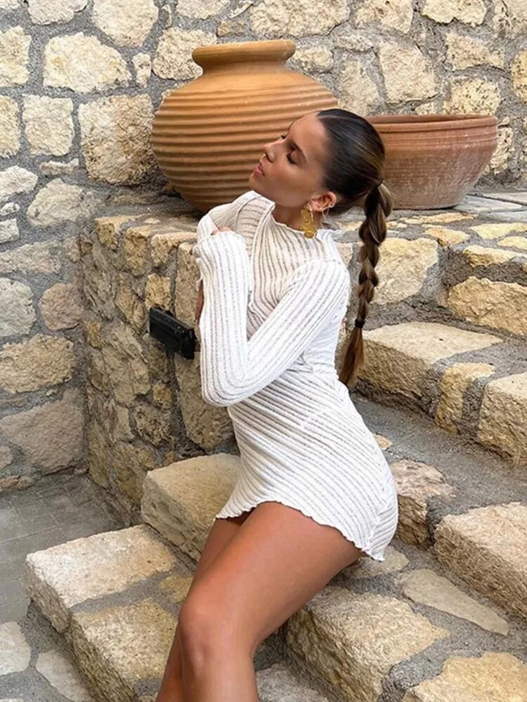 Elegant Solid Cross Knitted Women Mini Dress Female Stand Collar Long Sleeve Bodycon Dresses Summer Lady Chic Streetwear Robe