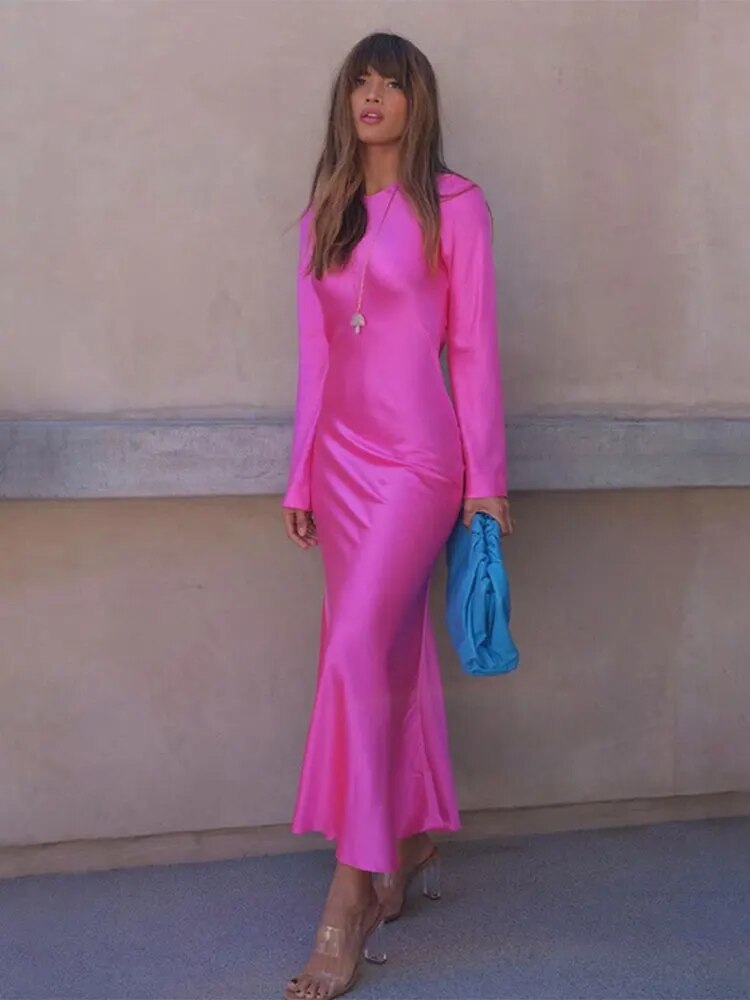 2023 Autumn Elegant Solid Slim Maxi Dress Women O-neck Long Sleeve High Waist Dresses Female Fashion Party Club Vestidos