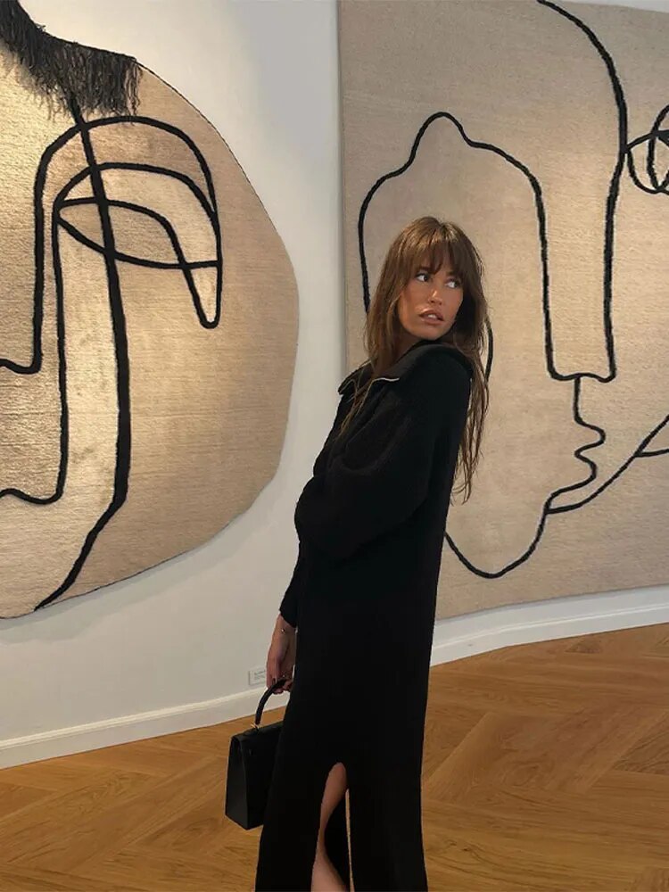 Casual Loose Zipper Lapel Women Ribbed Knit Midi Dress Female Black Long Sleeve Split Dresses 2023 Autumn Lady Streetwear Robe