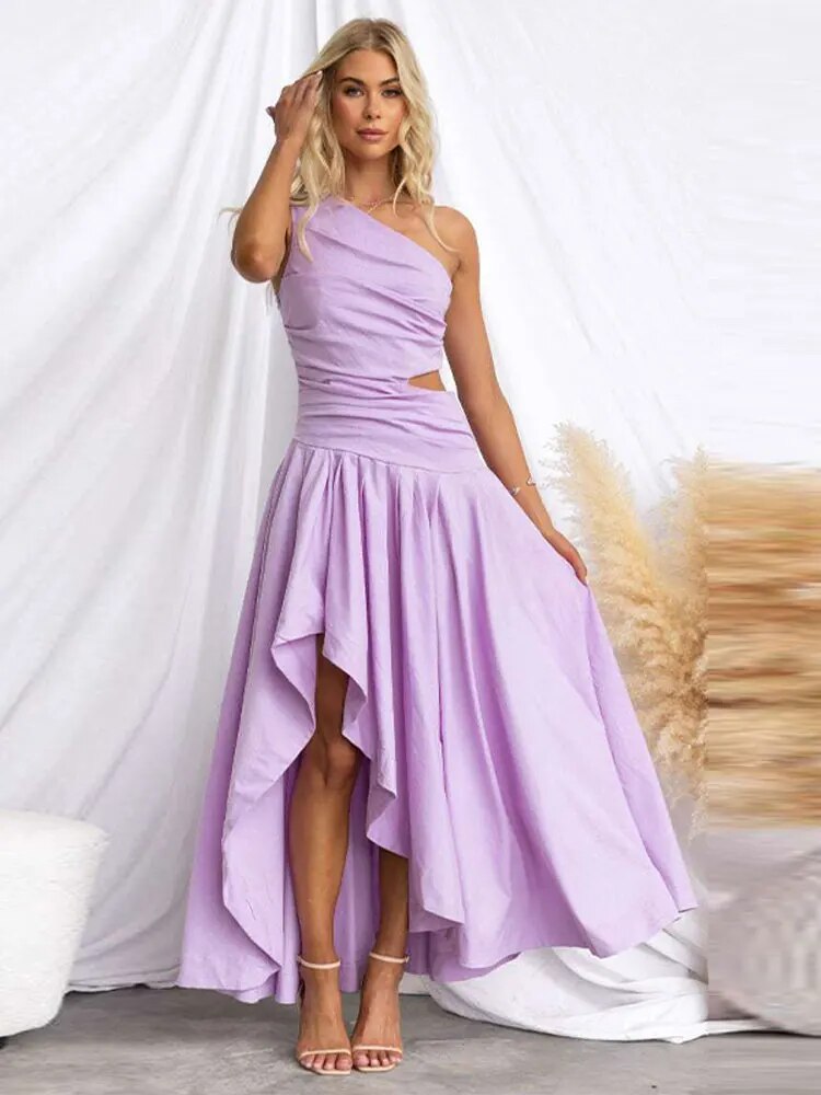 Sexy Solid Pleated Single Shoulder Maxi Dress Women Fashion Side Slit Slim Off Waist Dresses Female Elegant Party Club Vestidos