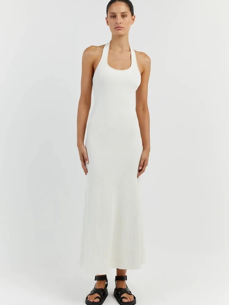 Sexy Solid Backless Women Knitted Halter Midi Dress Elegant U-neck Sleeveless Bodycon Maxi Dress Summer Female Chic Beach Robe