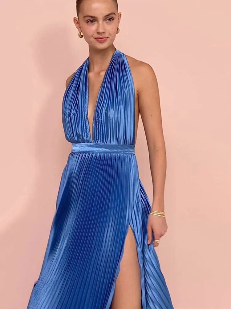 Women Fashion Lace-up Split Pleated Dress Elegant V-neck Sleeveless Backless Dresses 2023 Autumn Female Party Club Robes