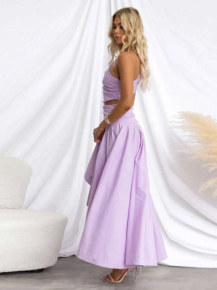 Sexy Solid Pleated Single Shoulder Maxi Dress Women Fashion Side Slit Slim Off Waist Dresses Female Elegant Party Club Vestidos