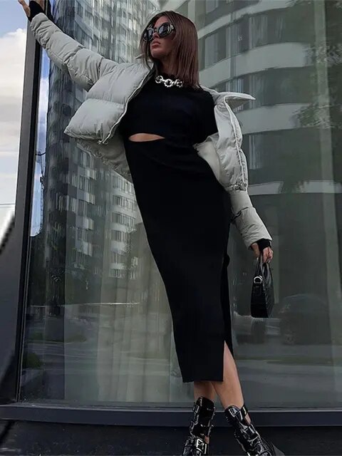 Women Solid Hollow Out Split Knitted Midi Dress Elegant Female O-neck Long Sleeve Bodycon Dresses Summer Lady Streetwear Robe