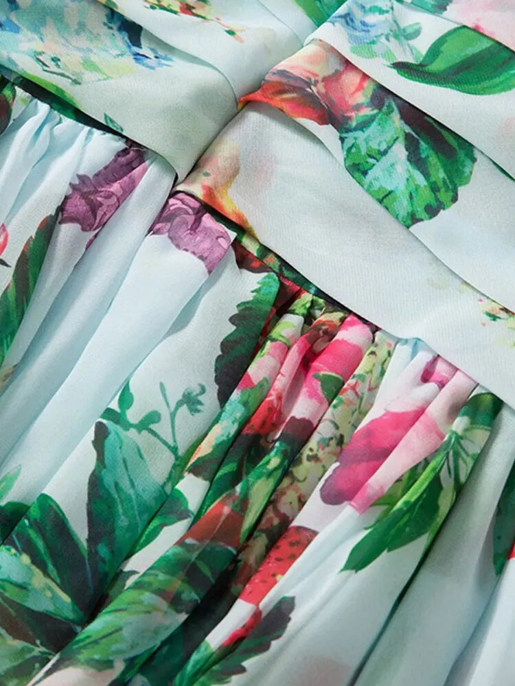 Women Flower Printed Strapless Dress Elegant High Waist Fleated Loose Dresses 2023 Autumn Fashion Female Party Evening Robes