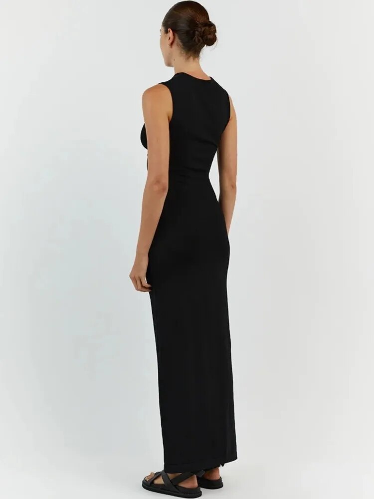 Sexy Hollow Out Women Knitted Bodycon Midi Dress Fashion O-neck Sleeveless Split Female Dresses Summer Lady Chic Streetwear Robe