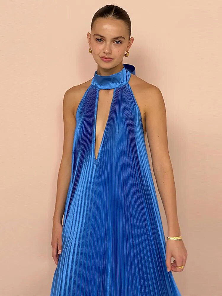 Women Fashion Lace-up Split Pleated Dress Elegant V-neck Sleeveless Backless Dresses 2023 Autumn Female Party Club Robes