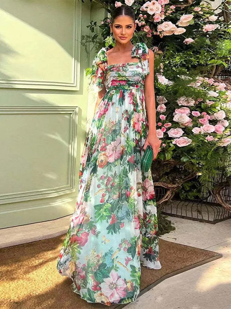 Women Flower Printed Strapless Dress Elegant High Waist Fleated Loose Dresses 2023 Autumn Fashion Female Party Evening Robes