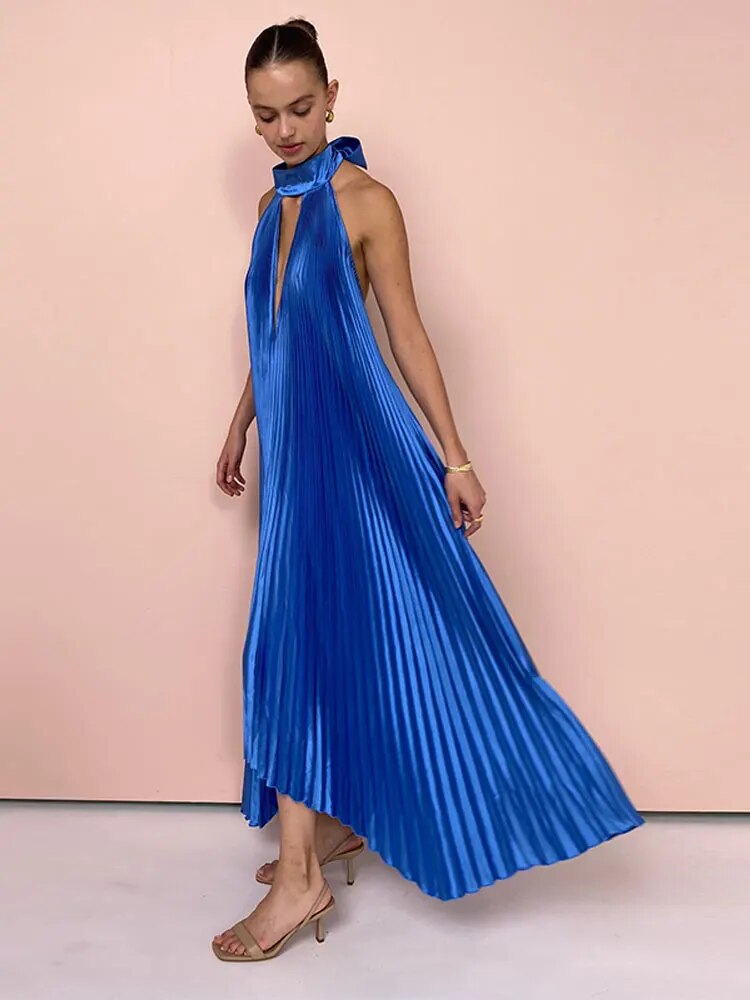 Women Fashion Lace-up Split Pleated Dress Elegant V-neck Sleeveless Backless Dresses 2023 Autumn Female Party Club Robes