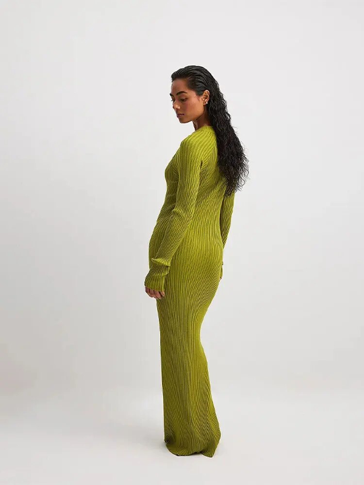 Green Ribbed Women Knitting Maxi Dress Female Elegant O-neck Long Sleeve Bodycon Dresses Autumn Office Lady Commuting Robe