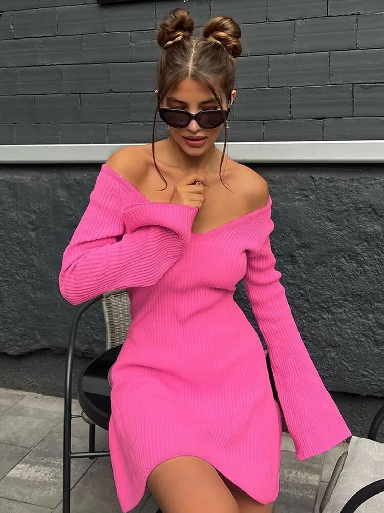 Sexy Off Shoulder Women Knitted Mini A-line Dress Fashion Solid Slim Long Sleeve Ribbed Dresses Summer Lady Chic Streetwear Robe