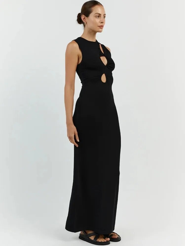 Sexy Hollow Out Women Knitted Bodycon Midi Dress Fashion O-neck Sleeveless Split Female Dresses Summer Lady Chic Streetwear Robe