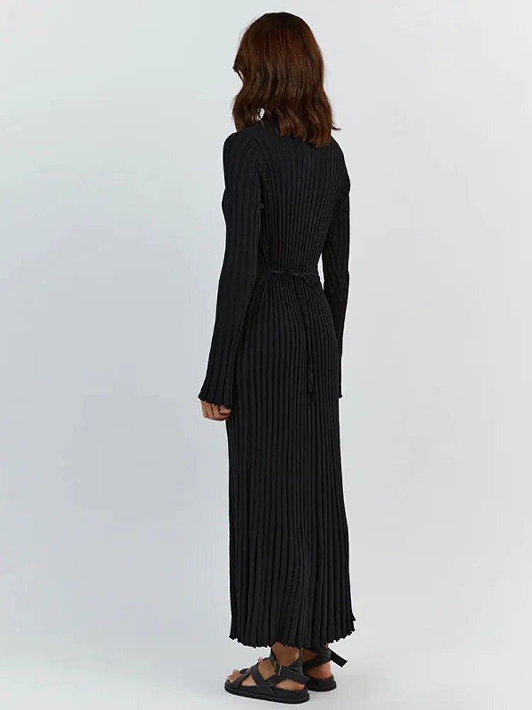 Solid Color Round Neck Long Sleeved Knitted Dress Women Pleated Slim White Long Robes 2023 Summer Lady Office Streetwear Vestido