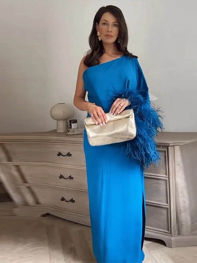 Solid One Shoulder Feather Long Sleeve Dress Women Diagonal Collar Split Maxi Dresses 2023 Female Elegant Party Evening Robe