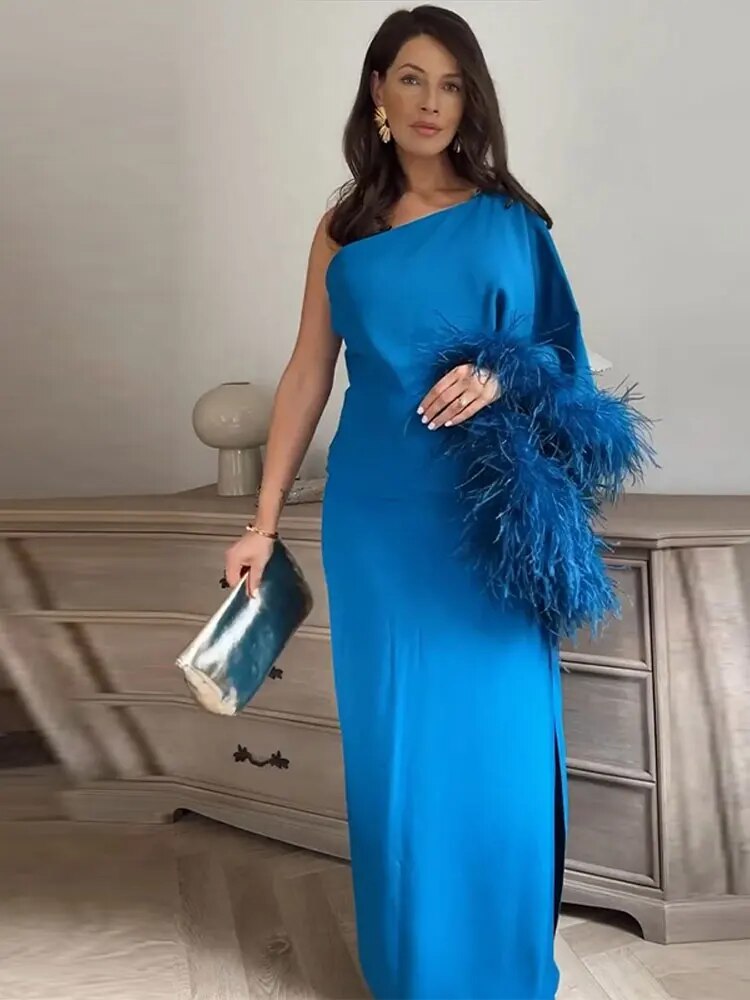 Solid One Shoulder Feather Long Sleeve Dress Women Diagonal Collar Split Maxi Dresses 2023 Female Elegant Party Evening Robe