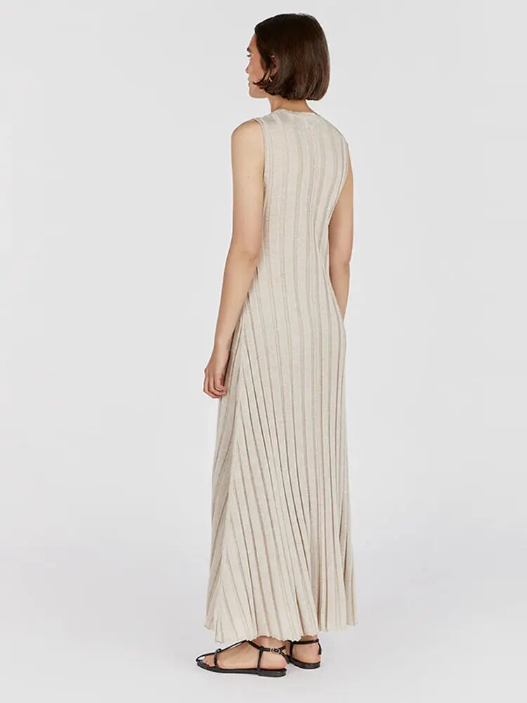 Women Sleeveless Ribbed Knitted Pleated Midi Dress Elegant Slim O-neck A-line Dresses 2023 Summer Lady Beach Party Chic Robe