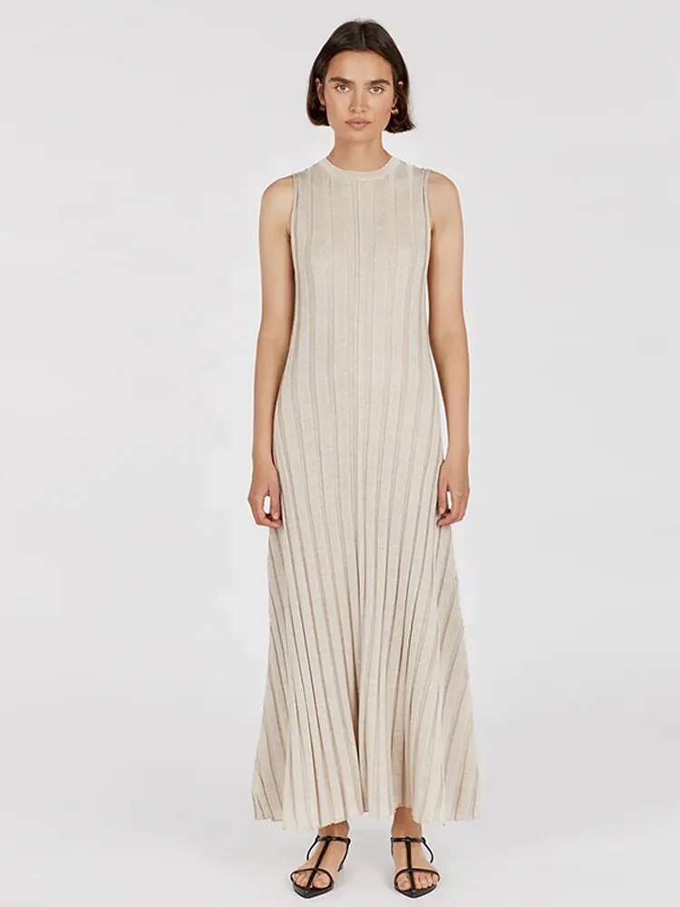 Women Sleeveless Ribbed Knitted Pleated Midi Dress Elegant Slim O-neck A-line Dresses 2023 Summer Lady Beach Party Chic Robe