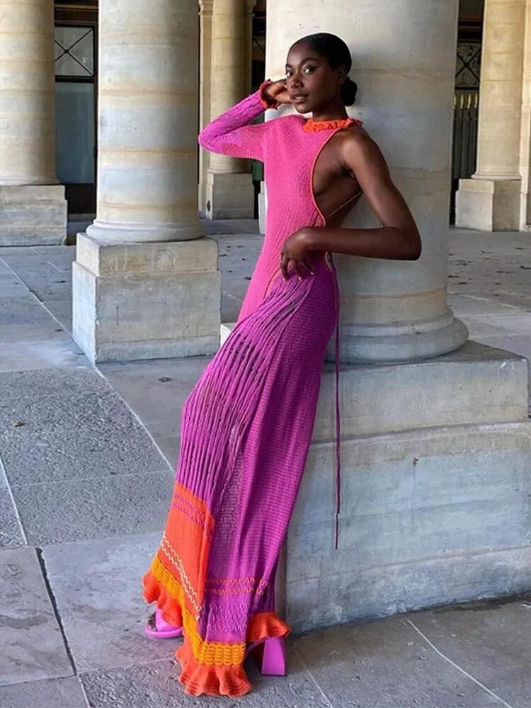 Sexy Asymmetric Gradient Women Knitted Maxi Dress Female Backless Lace Up Dress Summer Lady One Shoulder Long Sleeve Robe