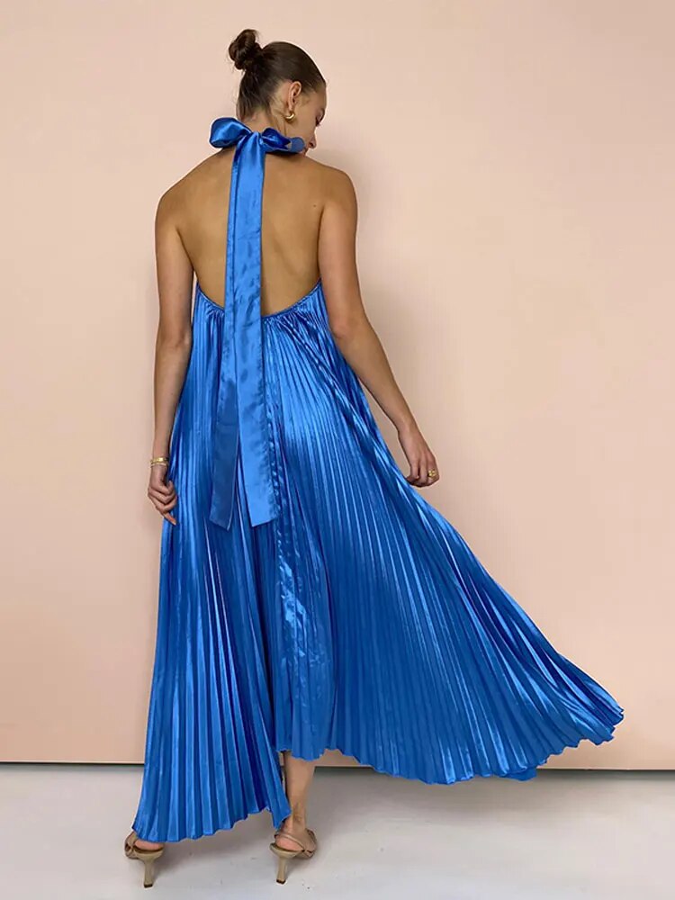 Women Fashion Lace-up Split Pleated Dress Elegant V-neck Sleeveless Backless Dresses 2023 Autumn Female Party Club Robes