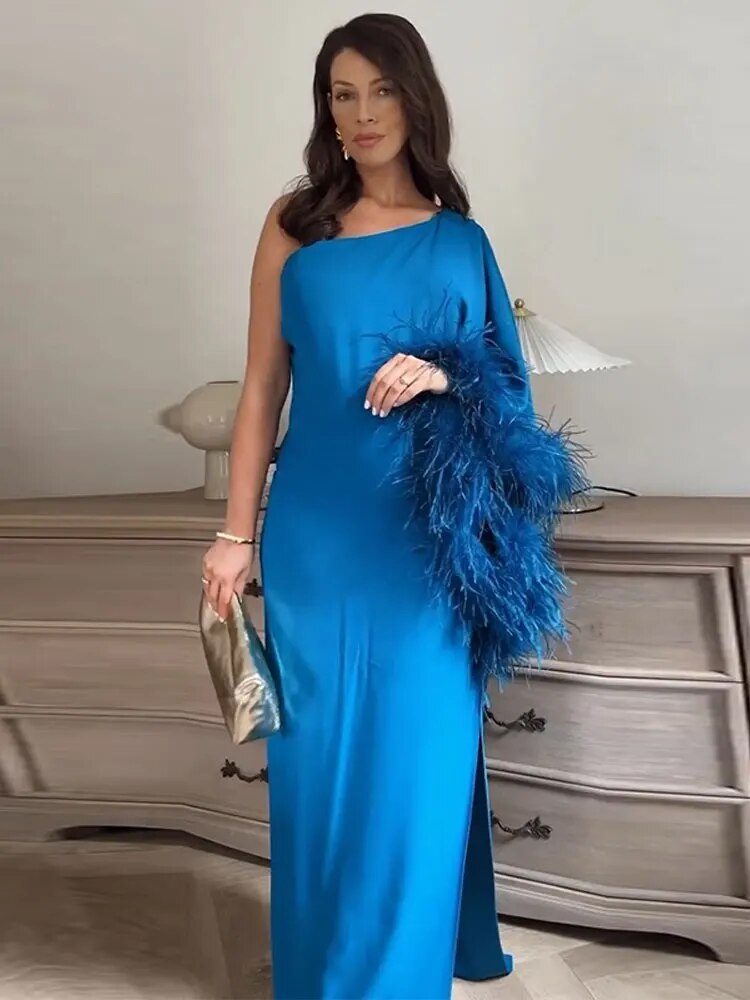 Solid One Shoulder Feather Long Sleeve Dress Women Diagonal Collar Split Maxi Dresses 2023 Female Elegant Party Evening Robe