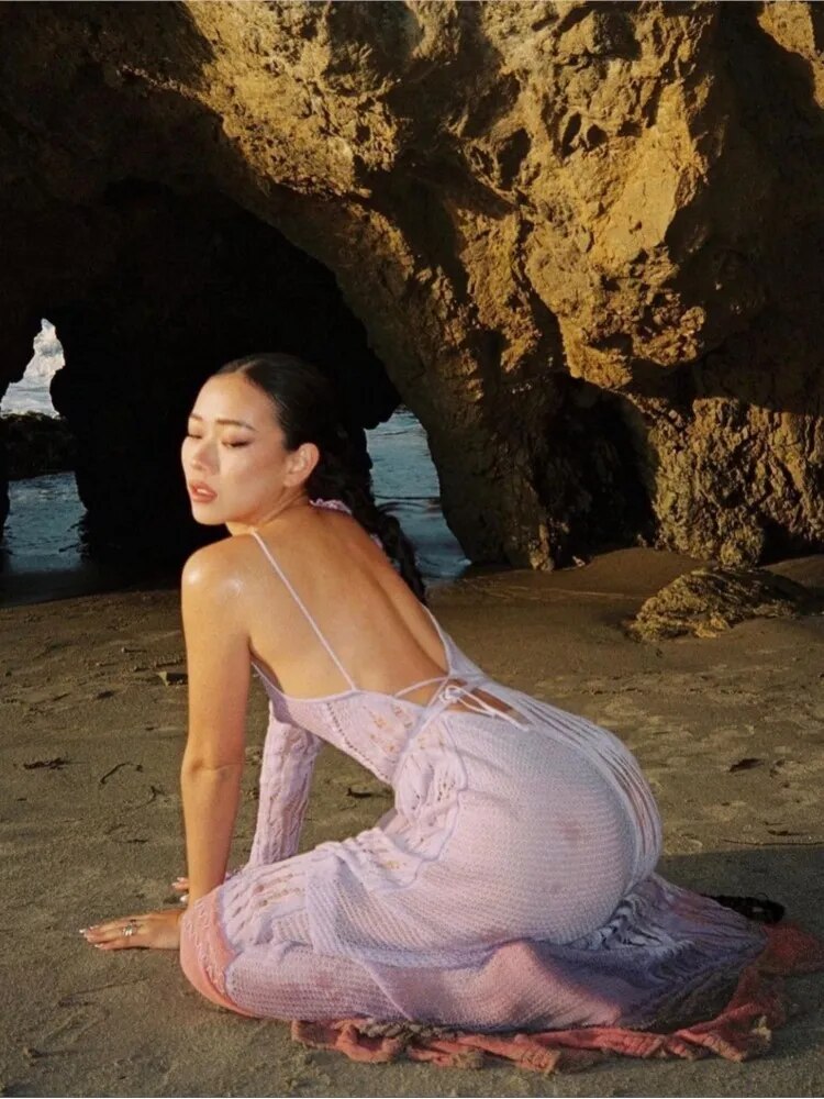 Sexy Asymmetric Gradient Women Knitted Maxi Dress Female Backless Lace Up Dress Summer Lady One Shoulder Long Sleeve Robe