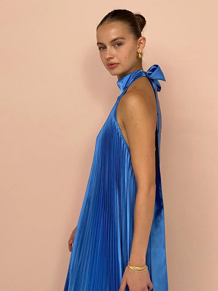 Women Fashion Lace-up Split Pleated Dress Elegant V-neck Sleeveless Backless Dresses 2023 Autumn Female Party Club Robes