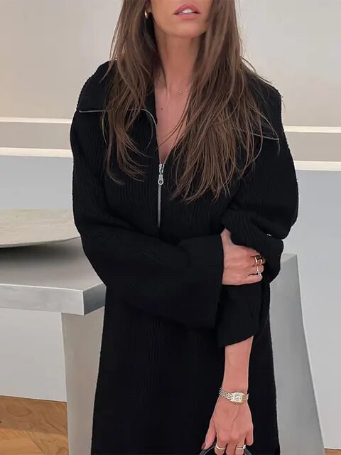 Casual Loose Zipper Lapel Women Ribbed Knit Midi Dress Female Black Long Sleeve Split Dresses 2023 Autumn Lady Streetwear Robe