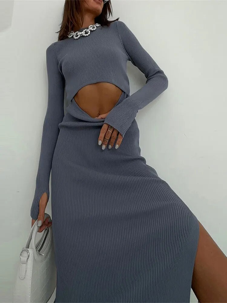 Women Solid Hollow Out Split Knitted Midi Dress Elegant Female O-neck Long Sleeve Bodycon Dresses Summer Lady Streetwear Robe