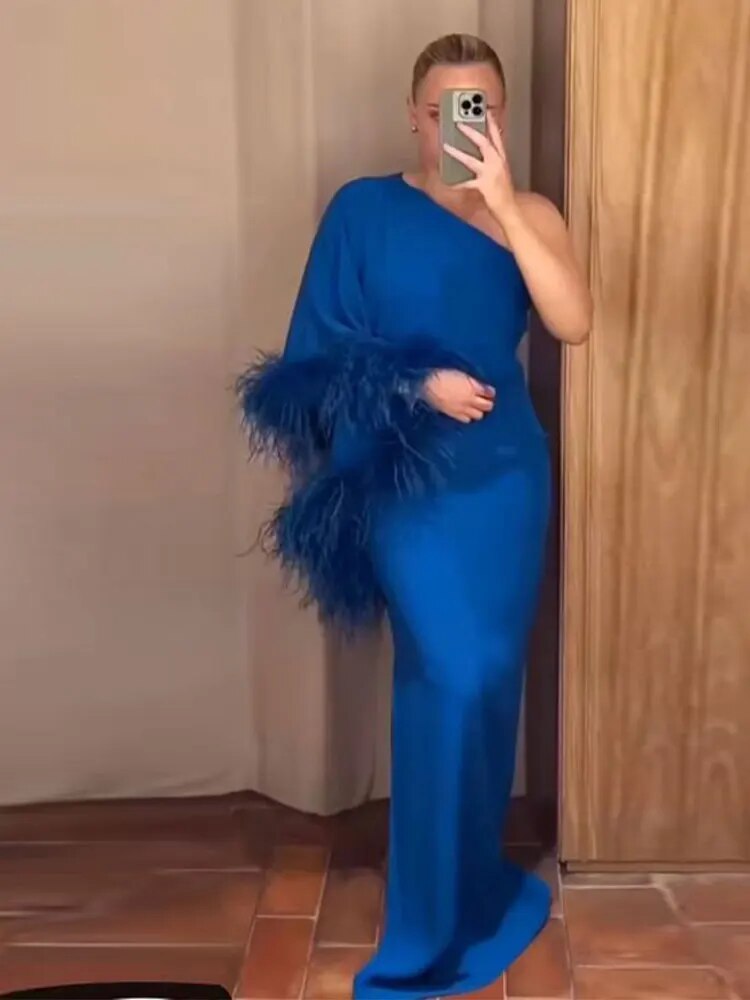 Solid One Shoulder Feather Long Sleeve Dress Women Diagonal Collar Split Maxi Dresses 2023 Female Elegant Party Evening Robe