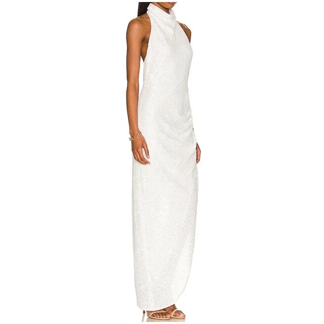 Hanging Neck High Waisted Split Dress Women Backless Sequin Sexy Hip Wrap Long Robes Summer Lady Chic Prom Evening vestido