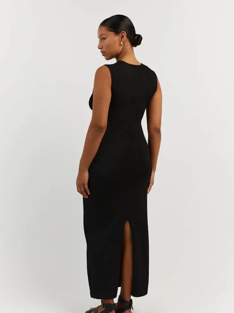 Sexy Hollow Out Women Knitted Bodycon Midi Dress Fashion O-neck Sleeveless Split Female Dresses Summer Lady Chic Streetwear Robe