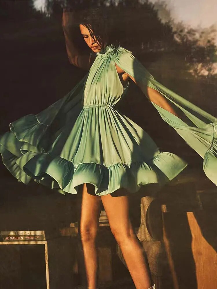 V Neck Lotus Leaf Long Sleeve Mini Dress Women Slim Pleated A Line Dresses Summer Chic Female Standing Collar Shawl vestido