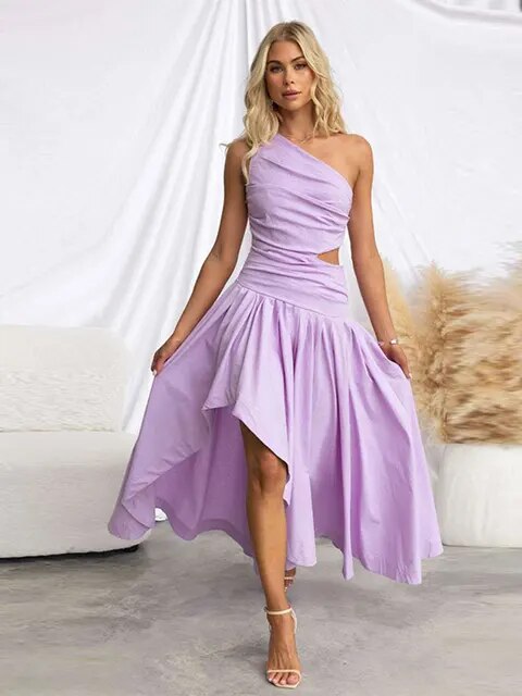 Sexy Solid Pleated Single Shoulder Maxi Dress Women Fashion Side Slit Slim Off Waist Dresses Female Elegant Party Club Vestidos
