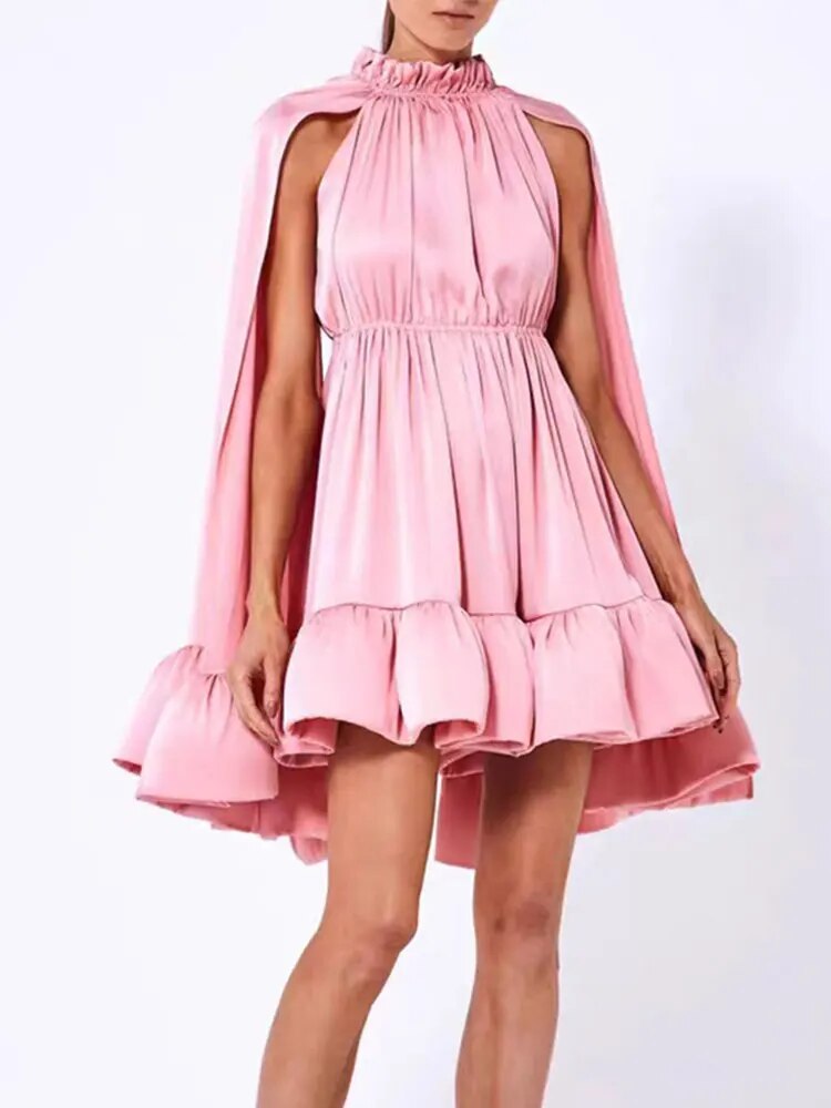 V Neck Lotus Leaf Long Sleeve Mini Dress Women Slim Pleated A Line Dresses Summer Chic Female Standing Collar Shawl vestido