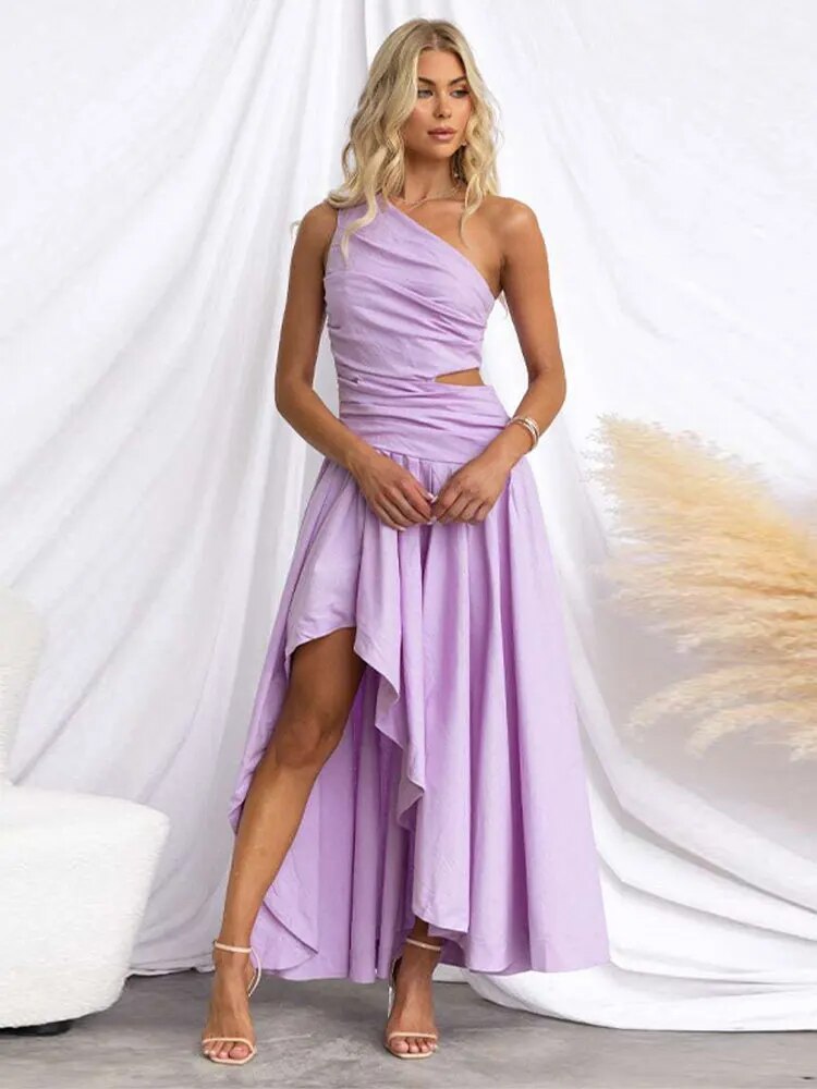 Sexy Solid Pleated Single Shoulder Maxi Dress Women Fashion Side Slit Slim Off Waist Dresses Female Elegant Party Club Vestidos