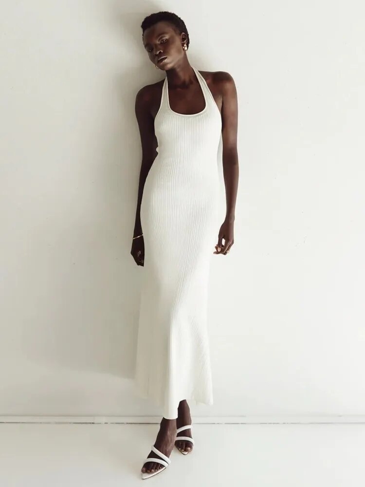 Sexy Solid Backless Women Knitted Halter Midi Dress Elegant U-neck Sleeveless Bodycon Maxi Dress Summer Female Chic Beach Robe