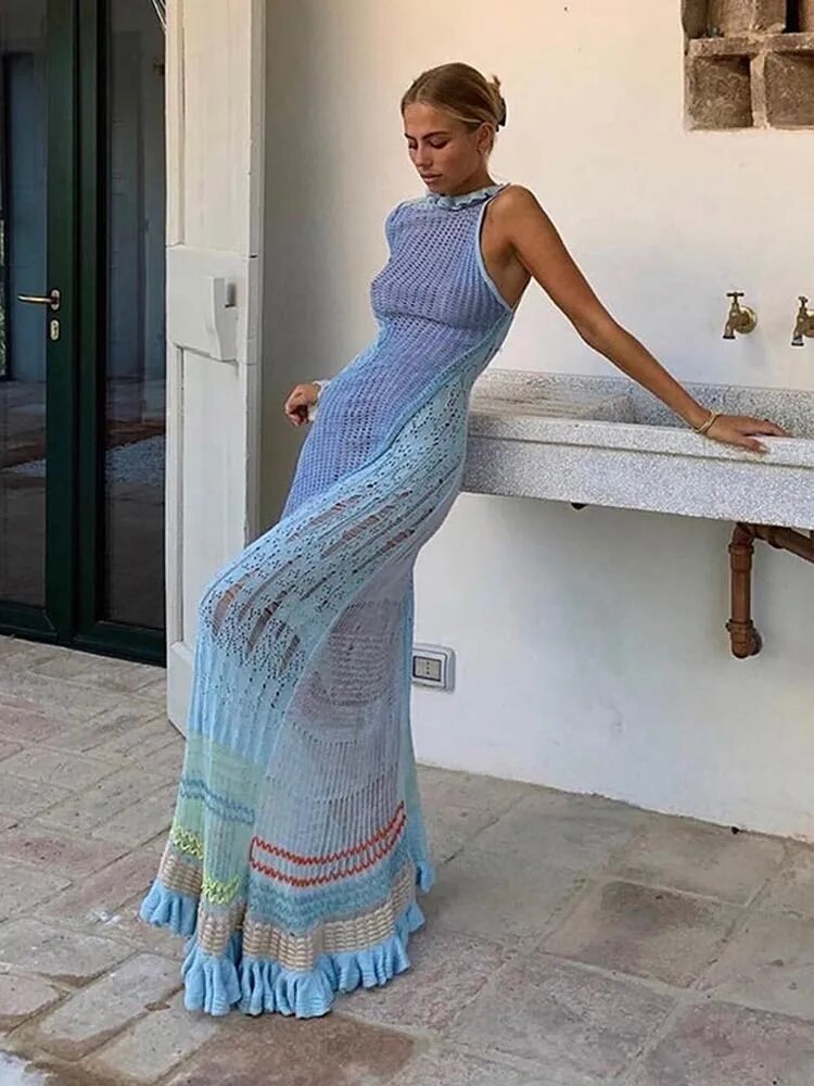 Sexy Asymmetric Gradient Women Knitted Maxi Dress Female Backless Lace Up Dress Summer Lady One Shoulder Long Sleeve Robe